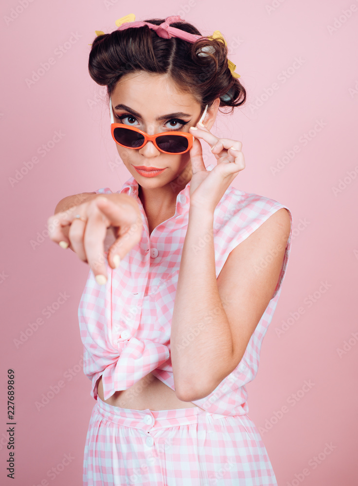 retro woman with fashion makeup. happy girl in summer glasses. beauty salon and hairdresser. Pin up girl. vintage housewife woman make hairstyle. Glamour fashion model. Young and beautiful retro woman with fashion makeup. happy girl in summer glasses. beauty salon and hairdresser. Pin up girl. vintage housewife woman make hairstyle. Glamour fashion model. Young and beautiful