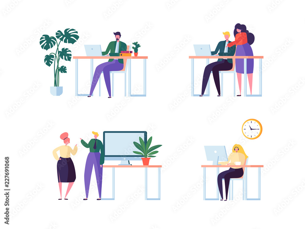 Coworking Space Concept. Coworkers Characters Team Working. Office Employees Working with Laptop and Computer. Business People. Vector illustration
