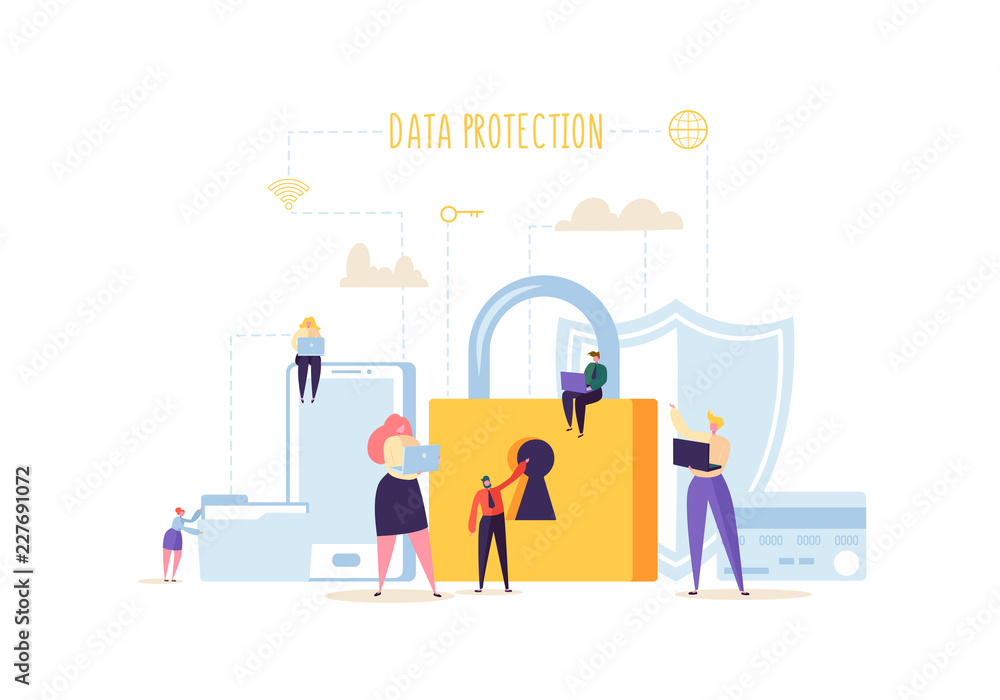 Data Protection Privacy Concept. Confidential and Safe Internet Technologies with Characters Using Computers and Mobile Gadgets. Network Security. Vector illustration Data Protection Privacy Concept. Confidential and Safe Internet Technologies with Characters Using Computers and Mobile Gadgets. Network Security. Vector illustration