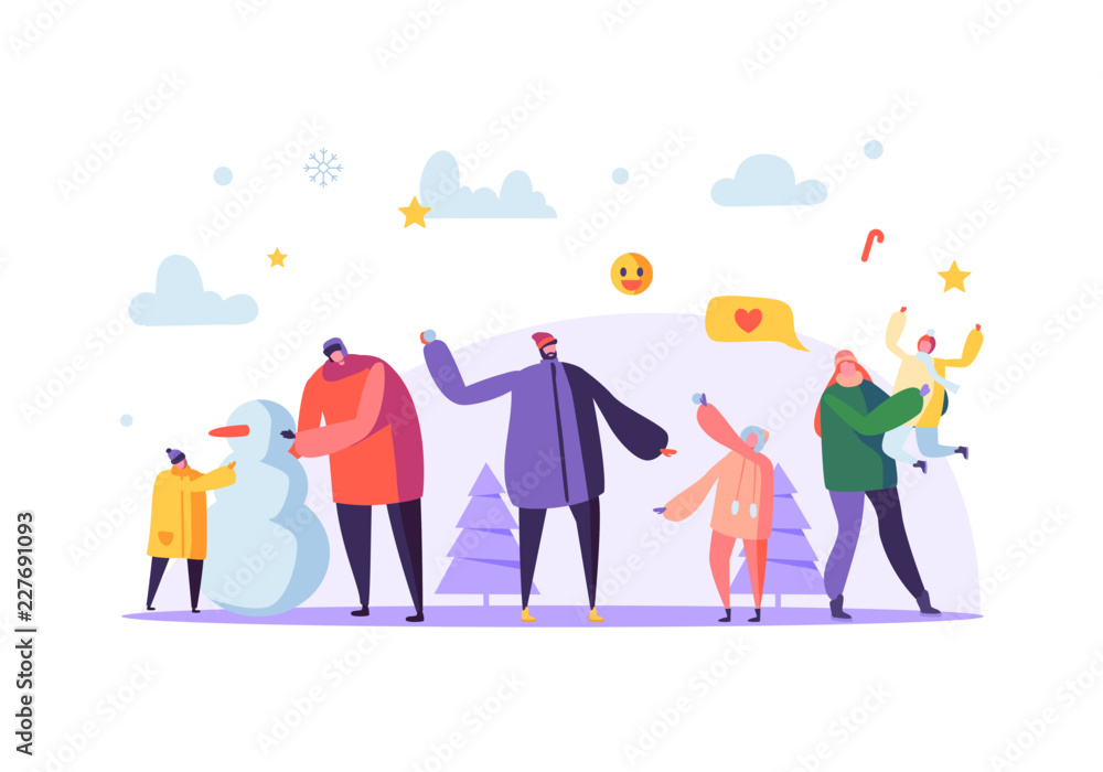 Happy Family Characters Playing Snowball on Winter Holidays. Cheerful Mother and Father Throwing Snowballs and Making Snowman. Vector illustration