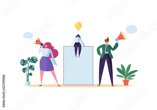 Business Advertising Concept. Woman with Blank Banner, Poster, Characters with Megaphone. Teamwork Marketing Presentation, Announcement. Vector illustration