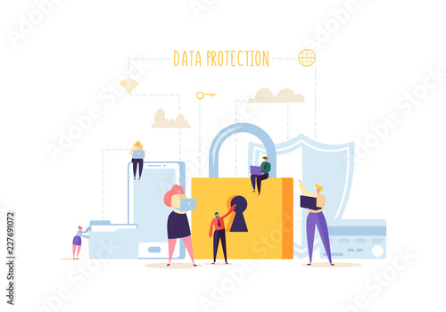 Data Protection Privacy Concept. Confidential and Safe Internet Technologies with Characters Using Computers and Mobile Gadgets. Network Security. Vector illustration