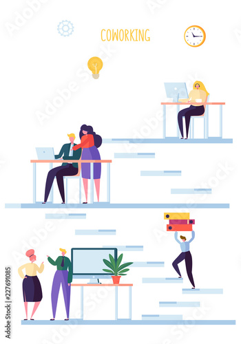 Coworking Space Concept. Coworkers Characters Team Working. Office Employees Working with Laptop and Computer. Business People. Vector illustration