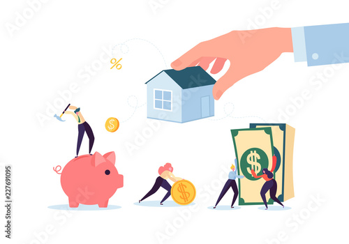 Characters Paying for Mortrage House. Real Estate Investment. Rental or Loan Home Concept. Credit Debt, Financial Problem. Vector illustration