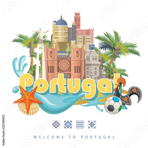 Portugal travel vector postcard in modern flat style with Lisbon buildings and portuguese souvenirs