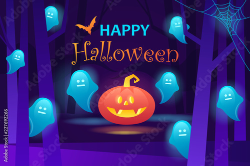 spooky forest with ghosts. colorful halloween banner. vector children cartoon illustration