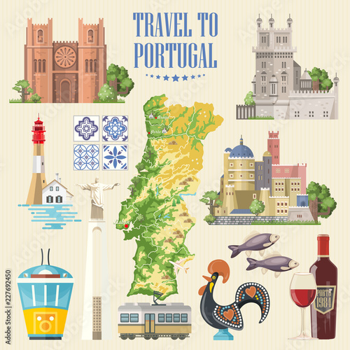 Portugal travel vector postcard in modern flat style with Lisbon buildings and portuguese souvenirs