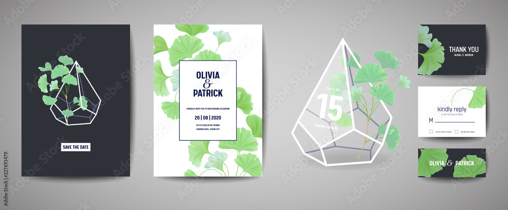 Set of Botanical retro wedding invitation card, modern Save the Date, template design of ginkgo biloba leaves illustration. Vector trendy cover, pastel graphic poster, brochure Set of Botanical retro wedding invitation card, modern Save the Date, template design of ginkgo biloba leaves illustration. Vector trendy cover, pastel graphic poster, brochure