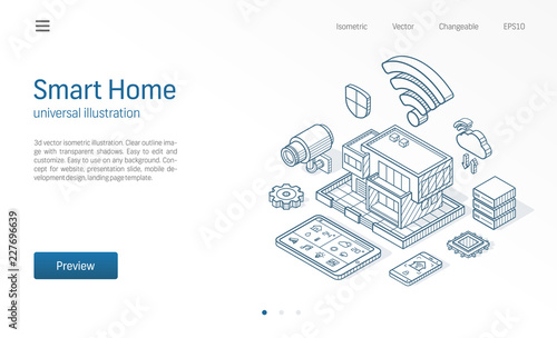 Smart Home isometric line illustration. Technology house, control cctv network, modern architecture building business sketch drawn icons. Abstract 3d vector background. Automation system, iot concept.