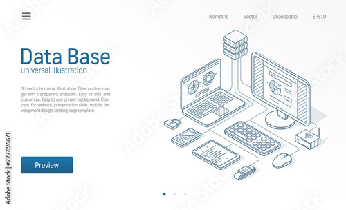 Database, big data, host server modern isometric line illustration. Datacenter, file protection center business sketch drawn icons. Abstract 3d vector background. Information storage network concept.