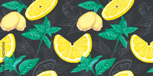 Lemon, mint and ginger seamless pattern. Ink sketch lemons, ginger, mint. Citrus fruit background. Elements for menu, greeting cards, wrapping paper, cosmetics packaging, posters etc
