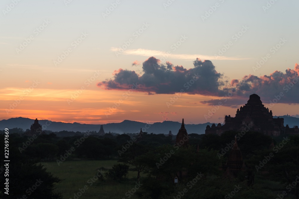 Fototapeta premium sunset moment in Bagan, view from terrace of the incredible landscape of this magic historical area, Myanmar