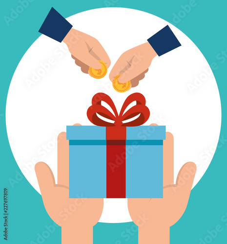 hands with gift and coins