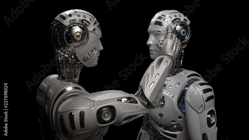 3D Render Futuristic robot man touching the head of another identical robot or asking another cyborg to use his brain on black background