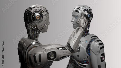 3D Render Futuristic robot man touching the head of another identical robot or asking another cyborg to use his brain on gray background