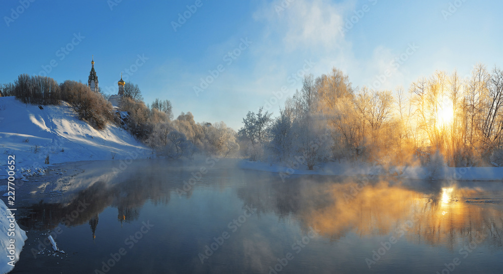 Russian Nature - Beautiful sunrise on the winter banks of the river, Buzharovo-town, Russia