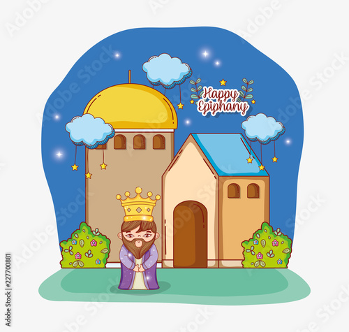 king wearing crown with houses and clouds stars