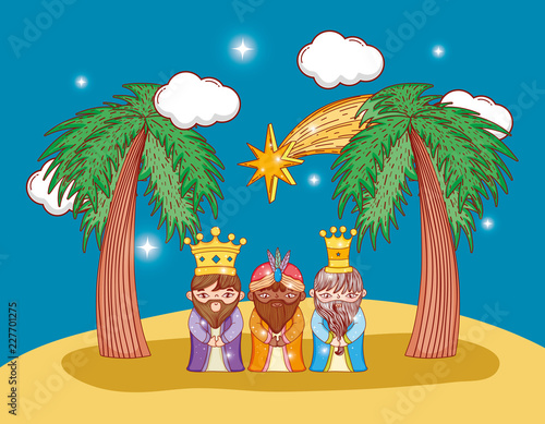 three king magicians with star and palm trees