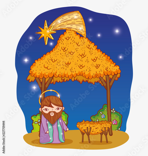 joseph in the manger and cradle with cute stars