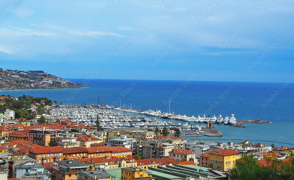 view port of San Remo (San Remo) and of the city on  Azure Italian Riviera, province of Imperia, Western Liguria, Italy
