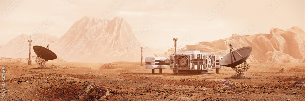 Fototapeta premium baza na Marsie, pierwsza kolonizacja, kolonia marsjańska w pustynnym krajobrazie na czerwonej planecie (transparent z przestrzenią ilustracji 3d)