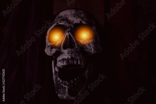 Scary skull with burning eyes and open mouth. Nightmare halloween concept photo.