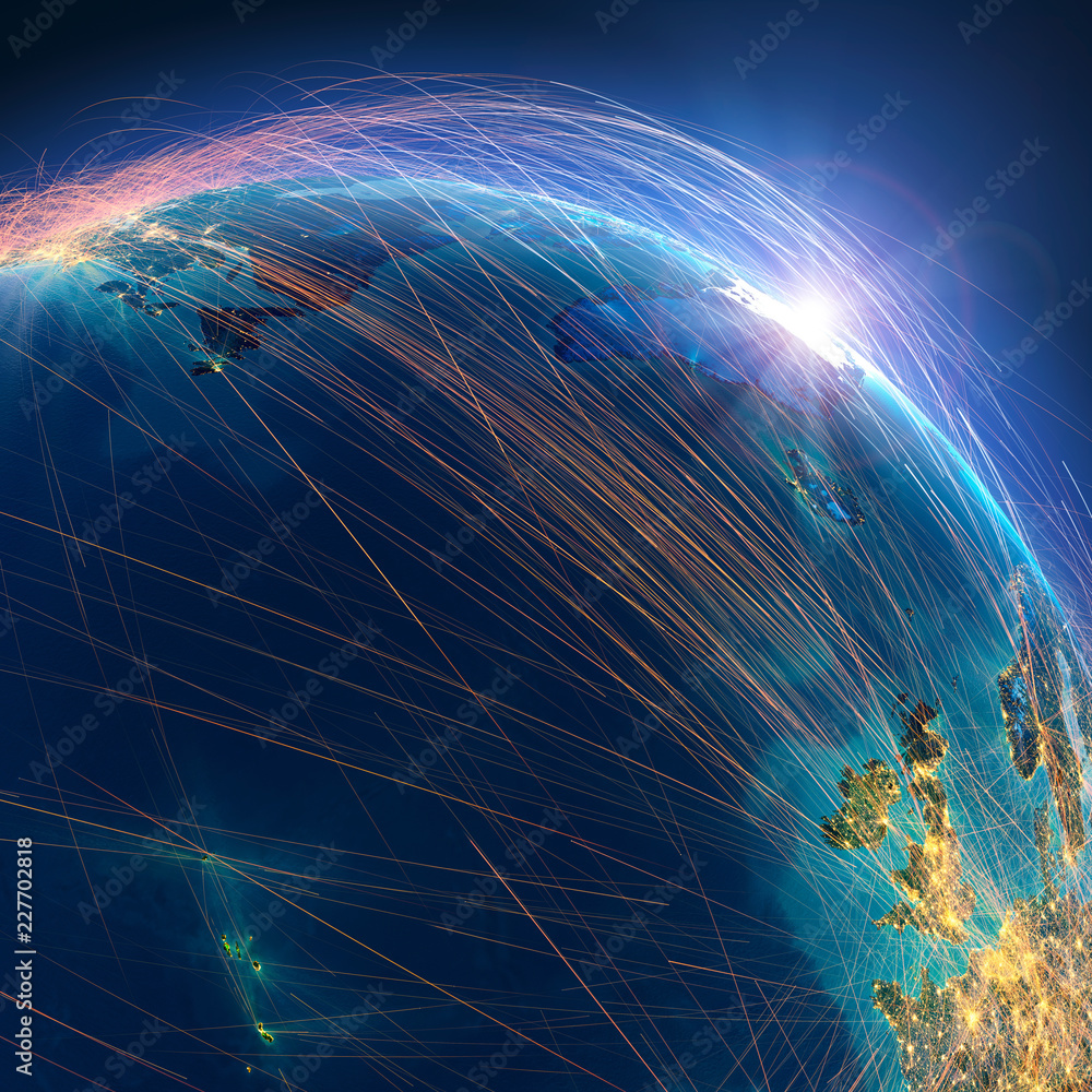Detailed air routes on Earth. Atlantic sea. 3D rendering Stock ...