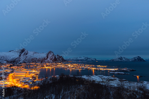 Aerial view of Svolvaer in evening twilight