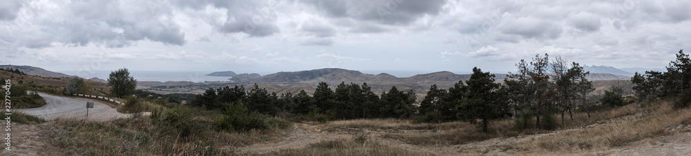 Russia. Crimea. Panorama of Dvuyakornaya Bay and the valley between the Tepe-Oba and Biyuk-Yanyshr ranges