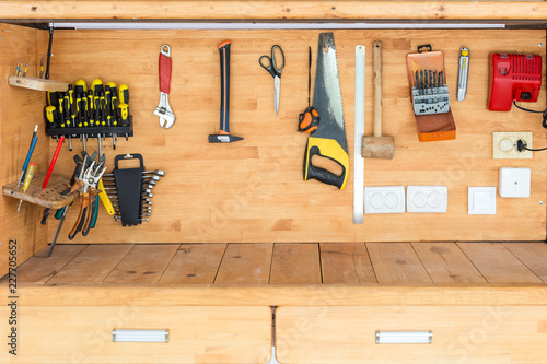 Photos Wooden workbench at workshop