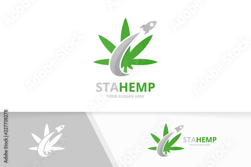 Vector marijuana leaf and rocket logo combination. Hemp and airplane symbol or icon. Unique cannabis and flight logotype design template.