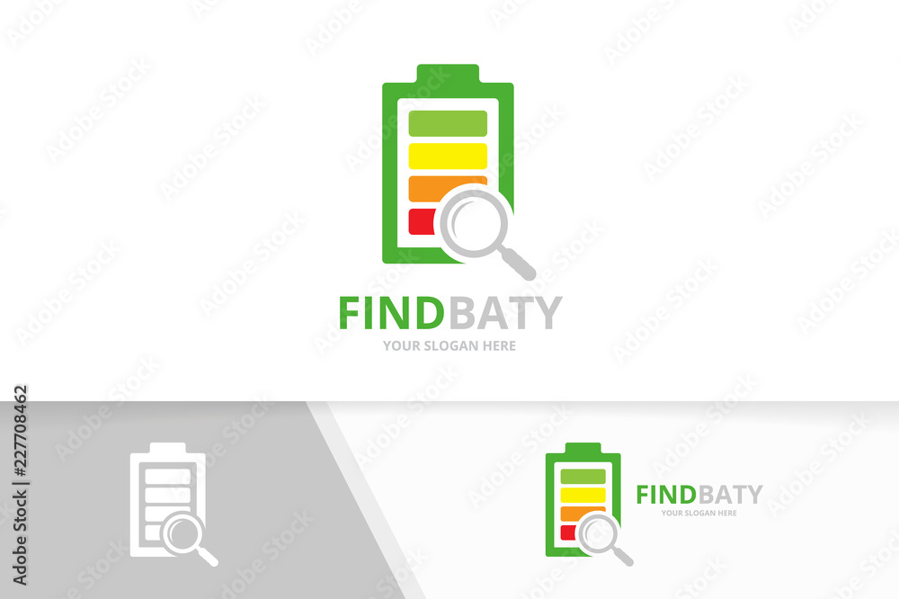 Vector battery and loupe logo combination. Energy and magnifying symbol or icon. Unique accumulator and search logotype design template. Vector battery and loupe logo combination. Energy and magnifying symbol or icon. Unique accumulator and search logotype design template.