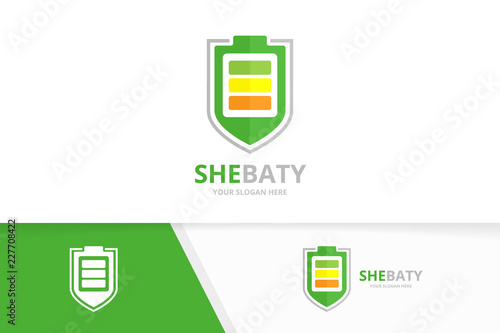 Vector battery and shield logo combination. Energy and security symbol or icon. Unique accumulator and guard logotype design template.