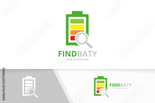 Vector battery and loupe logo combination. Energy and magnifying symbol or icon. Unique accumulator and search logotype design template.
