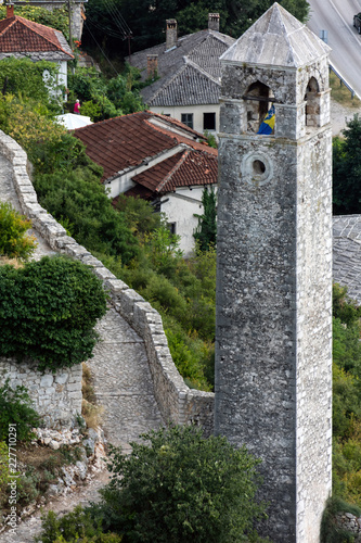 Medieval bell tower Sahat Kula in Pocitelj, Bosnia and Herzegovina, built in mid-17th century.