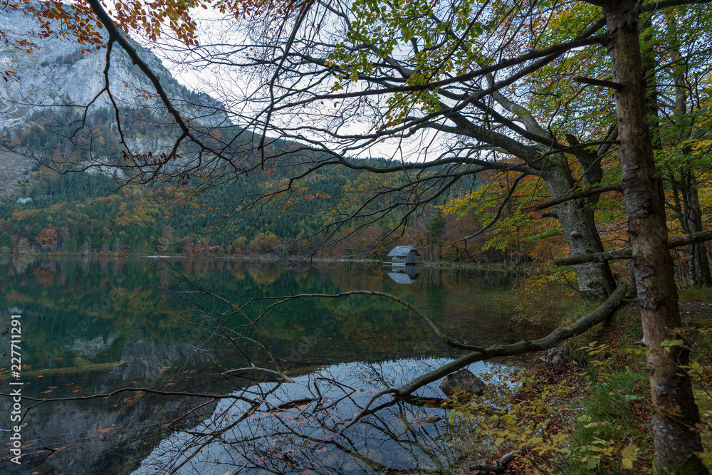 herbstlicher Langbathsee mit vielen Laubbäumen herbstlicher Langbathsee mit vielen Laubbäumen