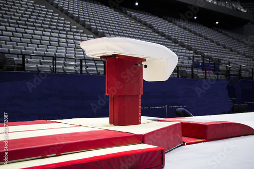 A gymnastic vaulting horse in a gymnastic arena 