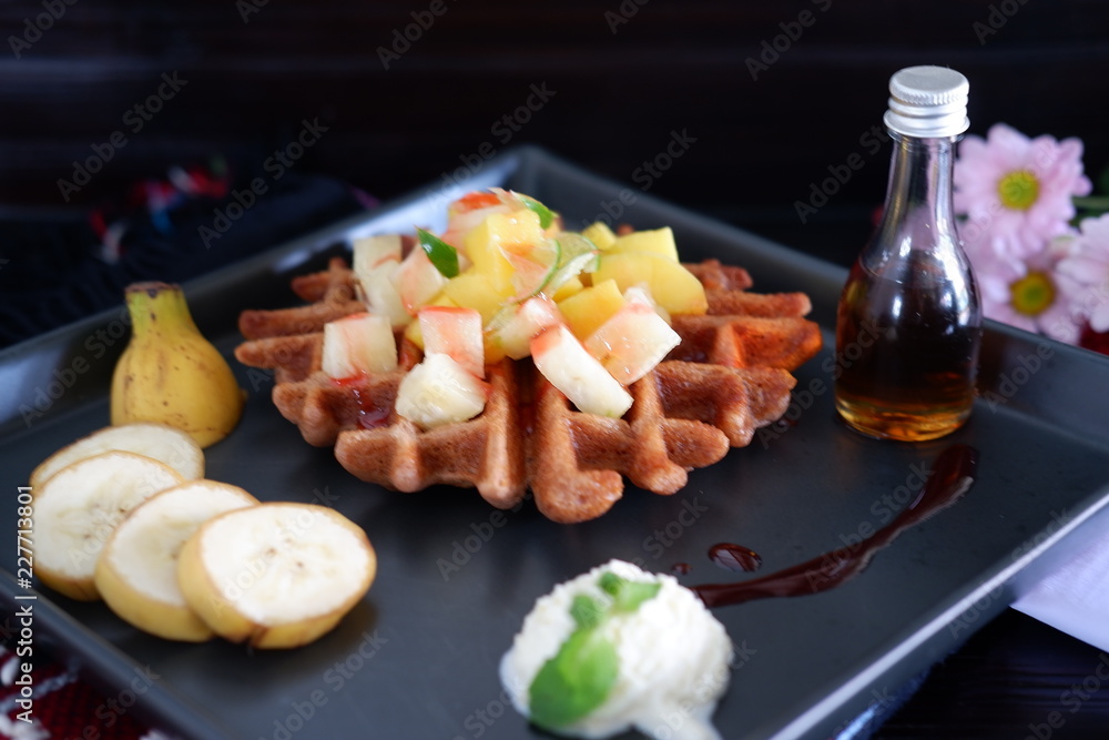 waffle with honey and fruit salad waffle with honey and fruit salad
