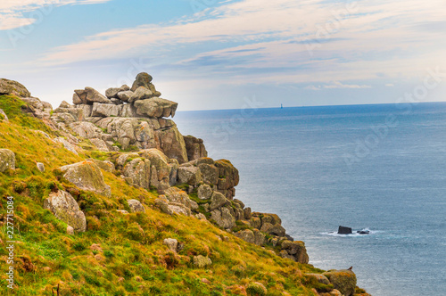 Cliffs of England, Lands End, Cornwall. Spectacular rock accumulation on the edge of the cliff.