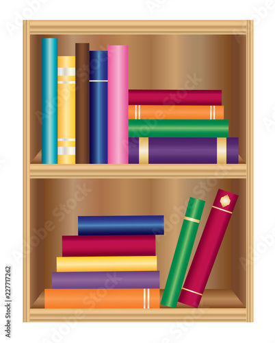 Wooden bookshelf with colorful books