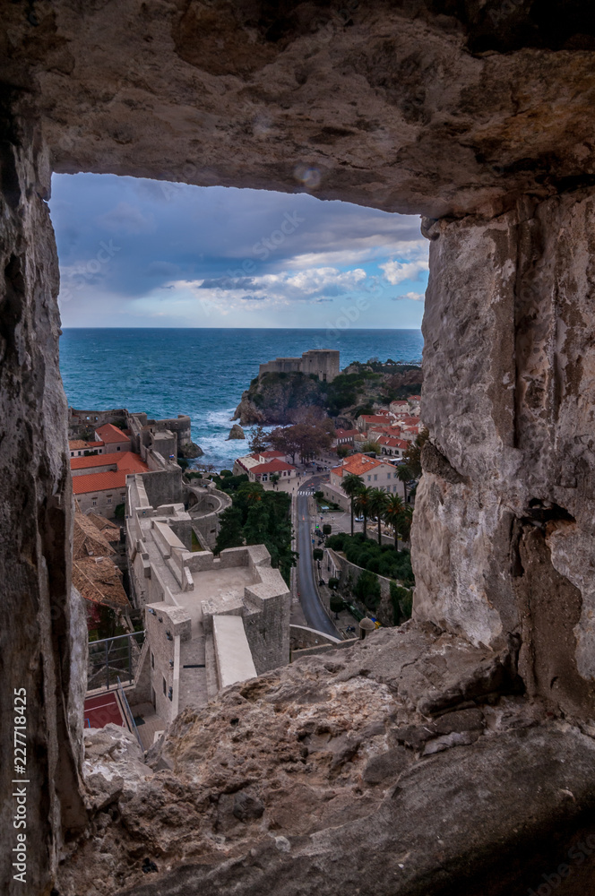 Dubrovnik Croatia with stormy sea around medieval old city
