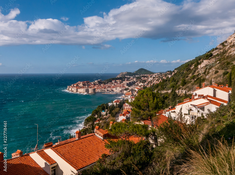 Dubrovnik Croatia with stormy sea around medieval old city