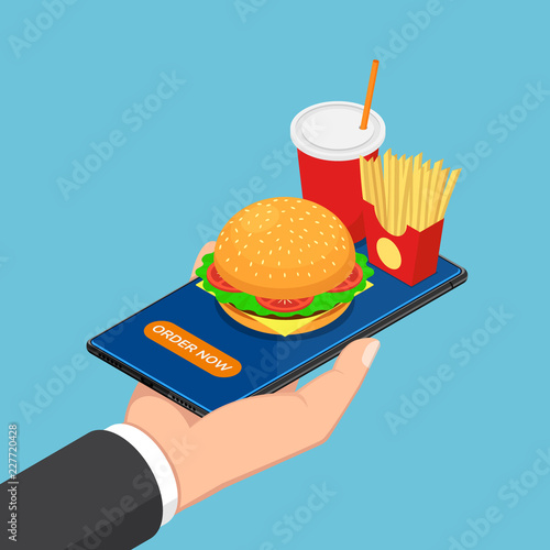 Isometric businessman hand holding smartphone with fast food