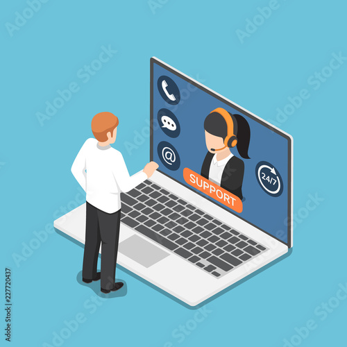 Isometric businessman standing in front of laptop with online customer service