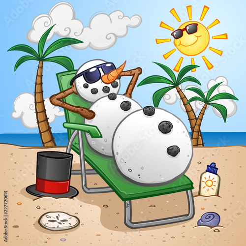 Snowman Cartoon Character on Vacation in the Tropics and Relaxing on a Beach Chair