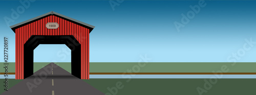Bild auf Leinwand A bright red covered bridge is seen in an illustration that has clean simple lines and bright colors