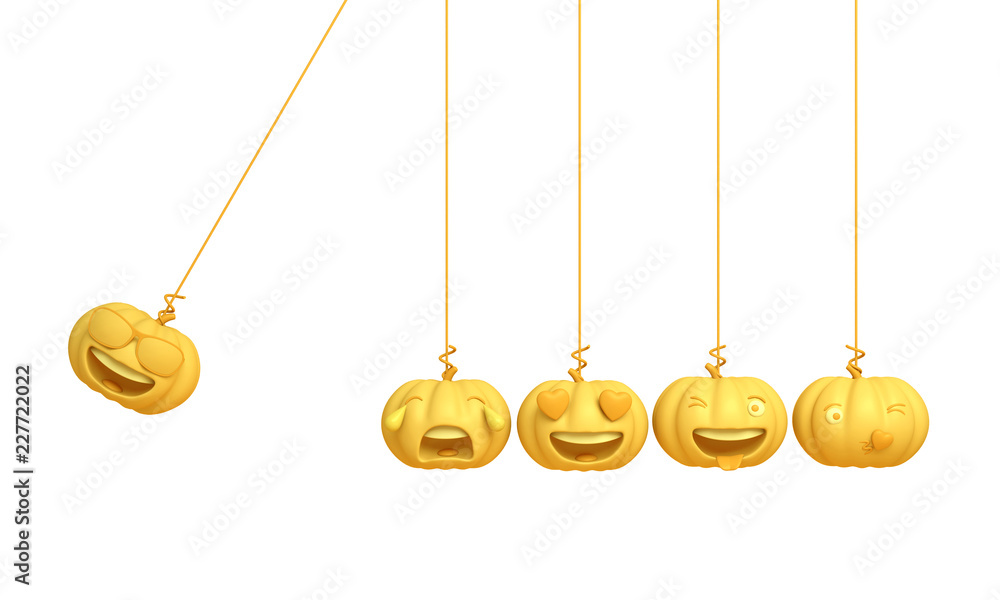 Cute smiling cartoon of yellow pastel pumpkin head jack emoji newton cradle physic, Design creative concept for happy Halloween day festival, isolated on white background. 3D rendering Cute smiling cartoon of yellow pastel pumpkin head jack emoji newton cradle physic, Design creative concept for happy Halloween day festival, isolated on white background. 3D rendering