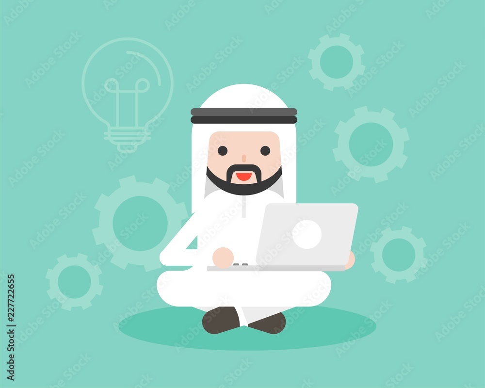 Arab Businessman sitting with laptop, lightbulb and gear background, creativity consept Arab Businessman sitting with laptop, lightbulb and gear background, creativity consept