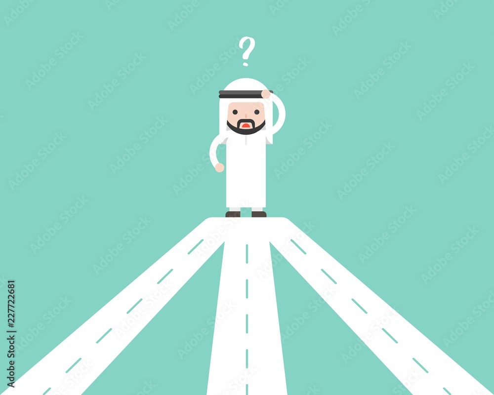 Arab Businessman confusing with road junction, making decision business concept Arab Businessman confusing with road junction, making decision business concept