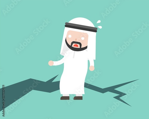 Fear Arab Businessman stand on earth ground crack, unstable concept flat design illustration